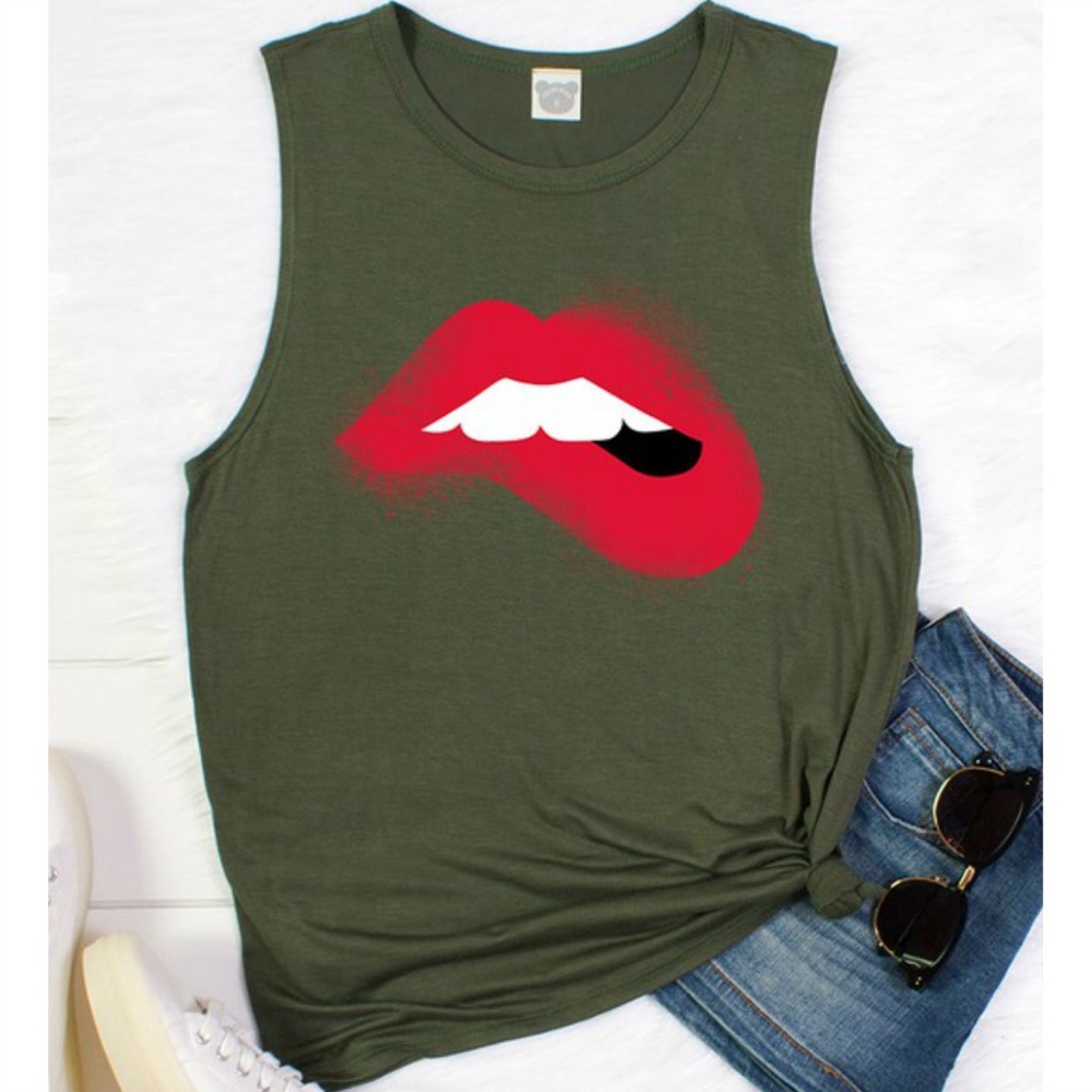 Olive Green Red Lips Graphic Tank Top